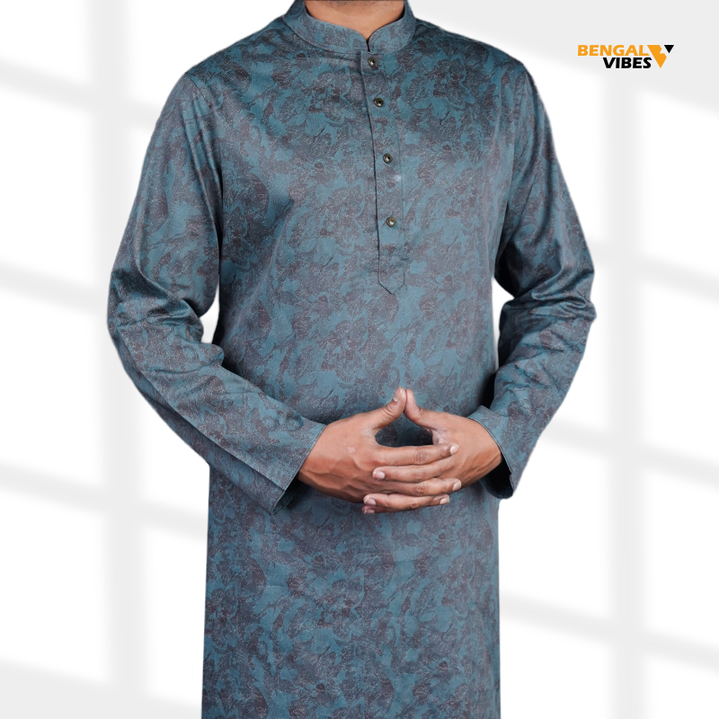 Teal Blue Abstract Floral Panjabi